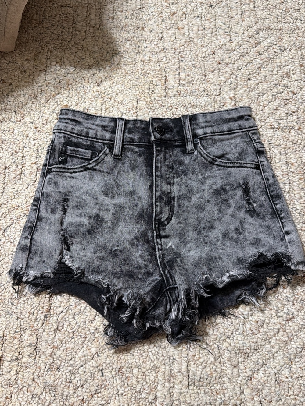KanCan Acid Wash Black High-Rise Distressed Denim Shorts